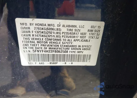 2015 Honda Pilot Lx from USA, damaged, VIN 5FNYF4H22FB062508